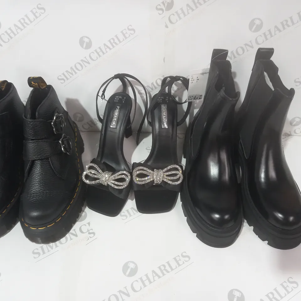 BOX OF APPROXIMATELY 10 ASSORTED PAIRS OF SHOES AND FOOTWEAR ITEMS IN VARIOUS STYLES AND SIZES TO INCLUDE PRIMARK, H&M, DR MARTENS, ETC