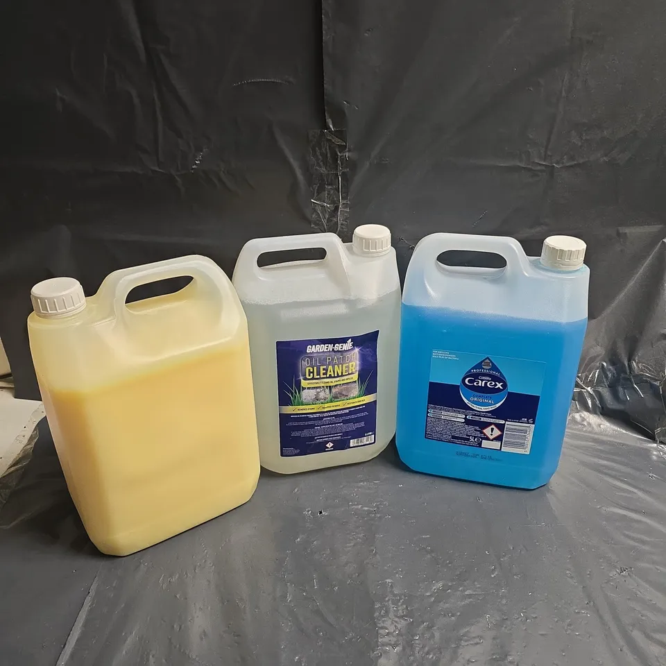 LOT OF 3 ASSORTED LARGE LIQUIDS TO INCLUDE - CAREX HAND WASH - GERDEN GENIE OIL PATCH CLEANER - ETC