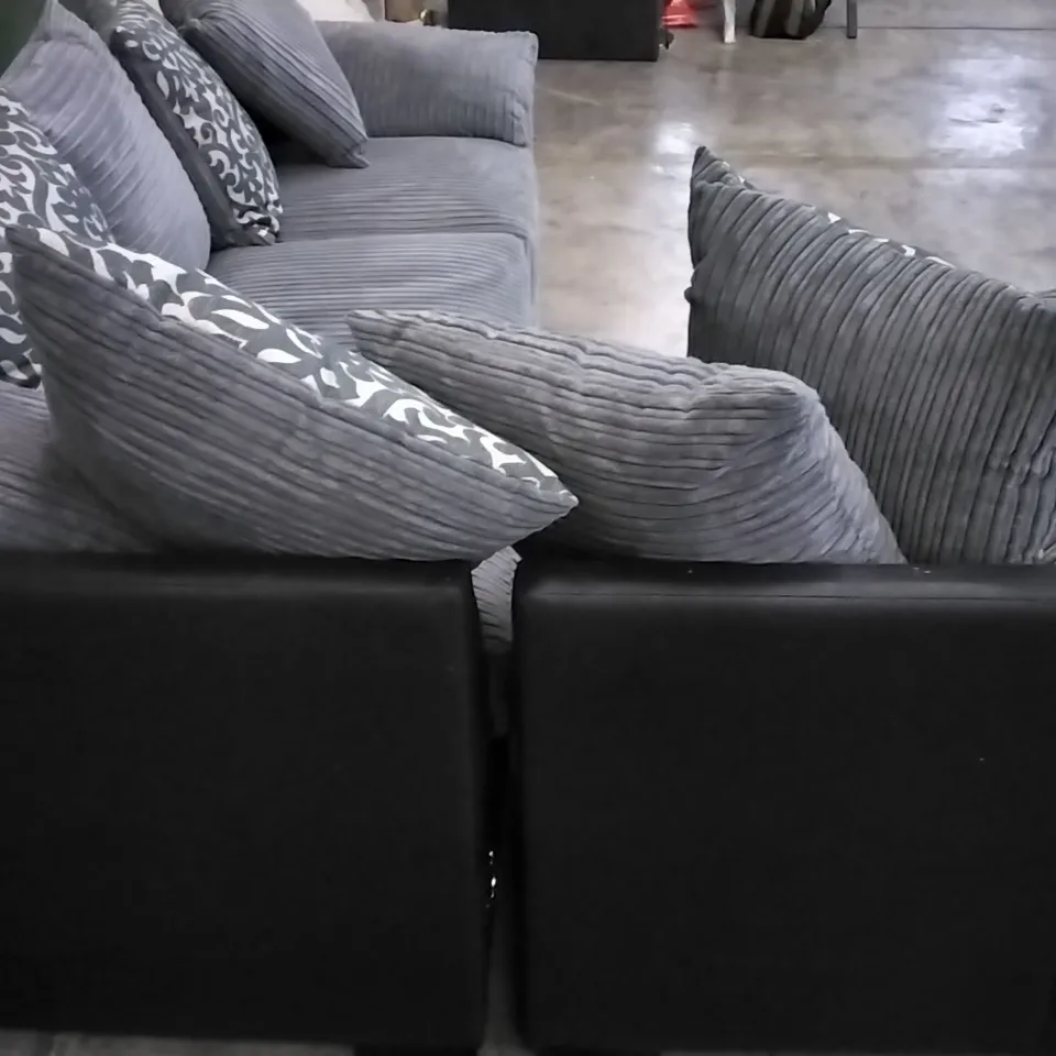 QUALITY DESIGNER PHOENIX LH DOUBLE ARM CORNER GROUP SOFA - BLACK LEATHER/GREY FABRIC 