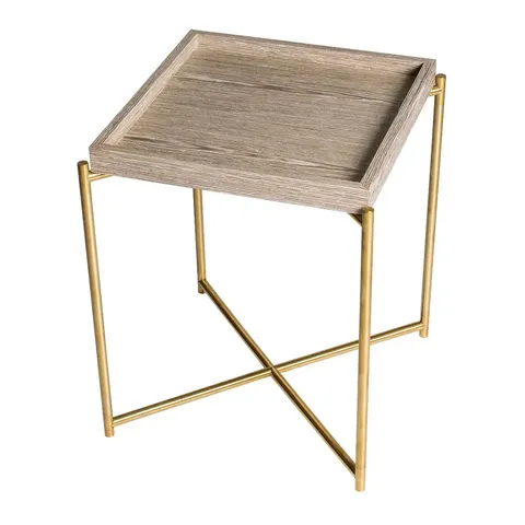 BRAND NEW BOXED IRIS SQUARE TRAY TOP SIDE TABLE - WEATHERED OAK TRAY TOP & BRASS FRAME TRAY SIDE TABLE (3 BOXES)