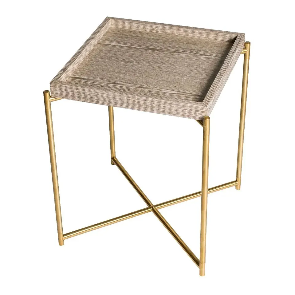 BRAND NEW BOXED IRIS SQUARE TRAY TOP SIDE TABLE - WEATHERED OAK TRAY TOP & BRASS FRAME TRAY SIDE TABLE (3 BOXES) RRP £309