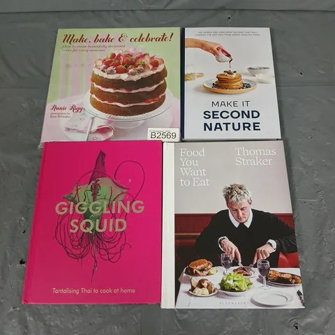 LOT OF 4 ASSORTED COOK/BAKING BOOKS TO INCLUDE - THOMAS STRAKERFOOD YOU WANT TO EAT - GIGGLING SQUID - ANNIE RIG MAKE, BAKE & CELEBRATE - ETC