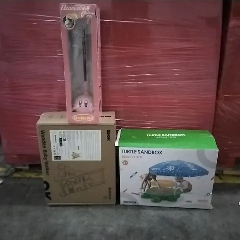PALLET OF ASSORTED PRODUCTS AND HOUSEHOLD GOODS TO INCLUDE;TURTLE SANDBOX BEACH TOYS,WOODEN BABY WALKER,KIDS TOY