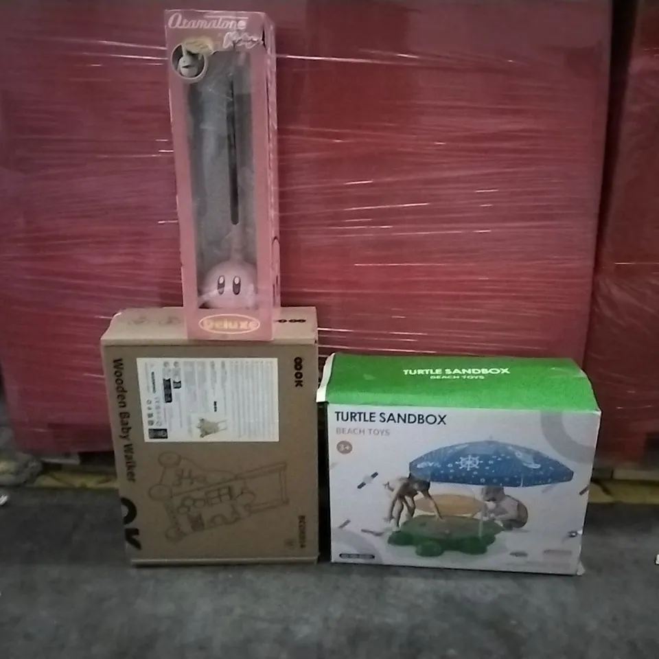 PALLET OF ASSORTED PRODUCTS AND HOUSEHOLD GOODS TO INCLUDE;TURTLE SANDBOX BEACH TOYS,WOODEN BABY WALKER,KIDS TOY