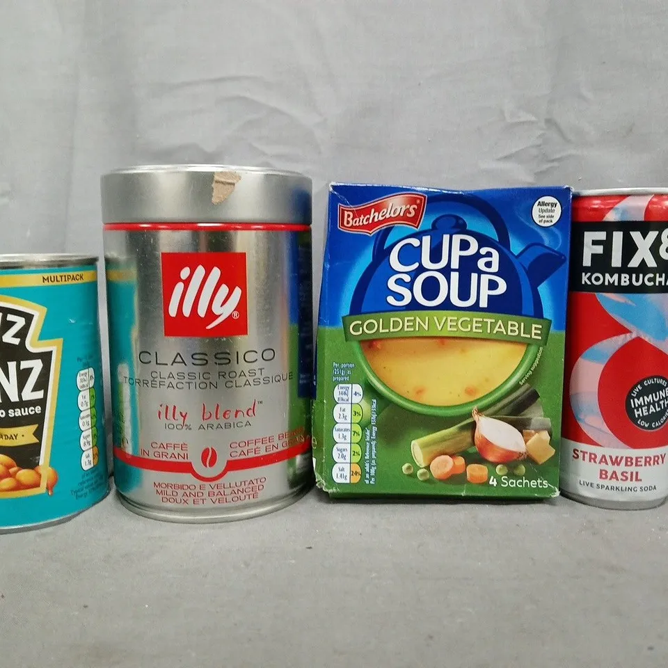 APPROXIMATELY 10 ASSORTED FOOD AND DRINK ITEMS TO INCLUDE CUP A SOUP, FIX 9 KOMBUCHA, HEINZ BAKED BEANS, ETC