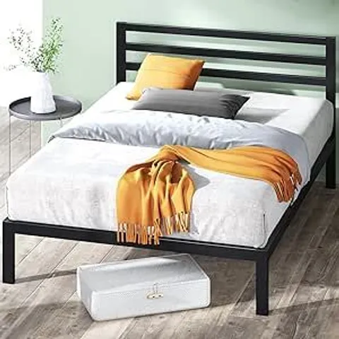 BOXED ZINUS MIA MODERN 36CM METAL PLATFORM BED FRAME WITH HEADBOARD, WOODEN SLAT SUPPORT//SIZE: DOUBLE - BLACK (1 BOX)