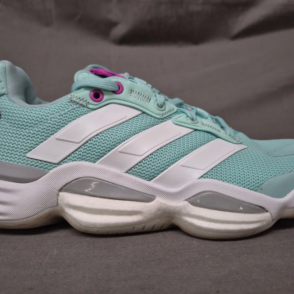 BOXED PAIR OF ADIDAS STABIL 16 WOMEN'S SHOES IN AQUA/PURPLE UK SIZE 5