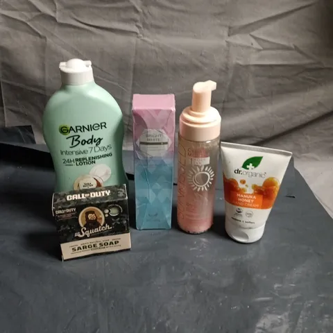APPROXIMATEY 20 ASSORTED HEALTH AND BEAUTY PRODUCTS TO INCLUDE - GARNIER BODY REPLENISHING LOTION - DR SQUATCH SARGE SOAP AND BRIGHT WHITE TOOTHPASTE