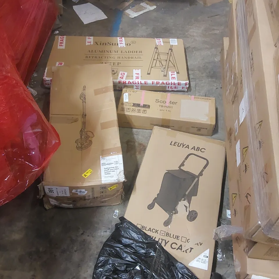 PALLET OF ASSORTED HOUSEHOLD GOODS AND PRODUCTS TO INCLUDE: ALUMINIUM LADDER, UTILITY CART, DRYWALL SANDER, SCOOTER ECT