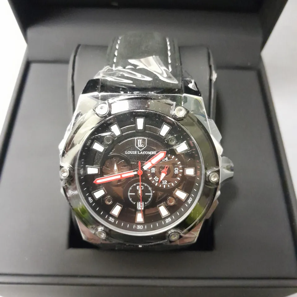 BOXED LOUIS LACOMBE CHRONOGRAPH WATCH WITH BLACK LEATHER STRAP