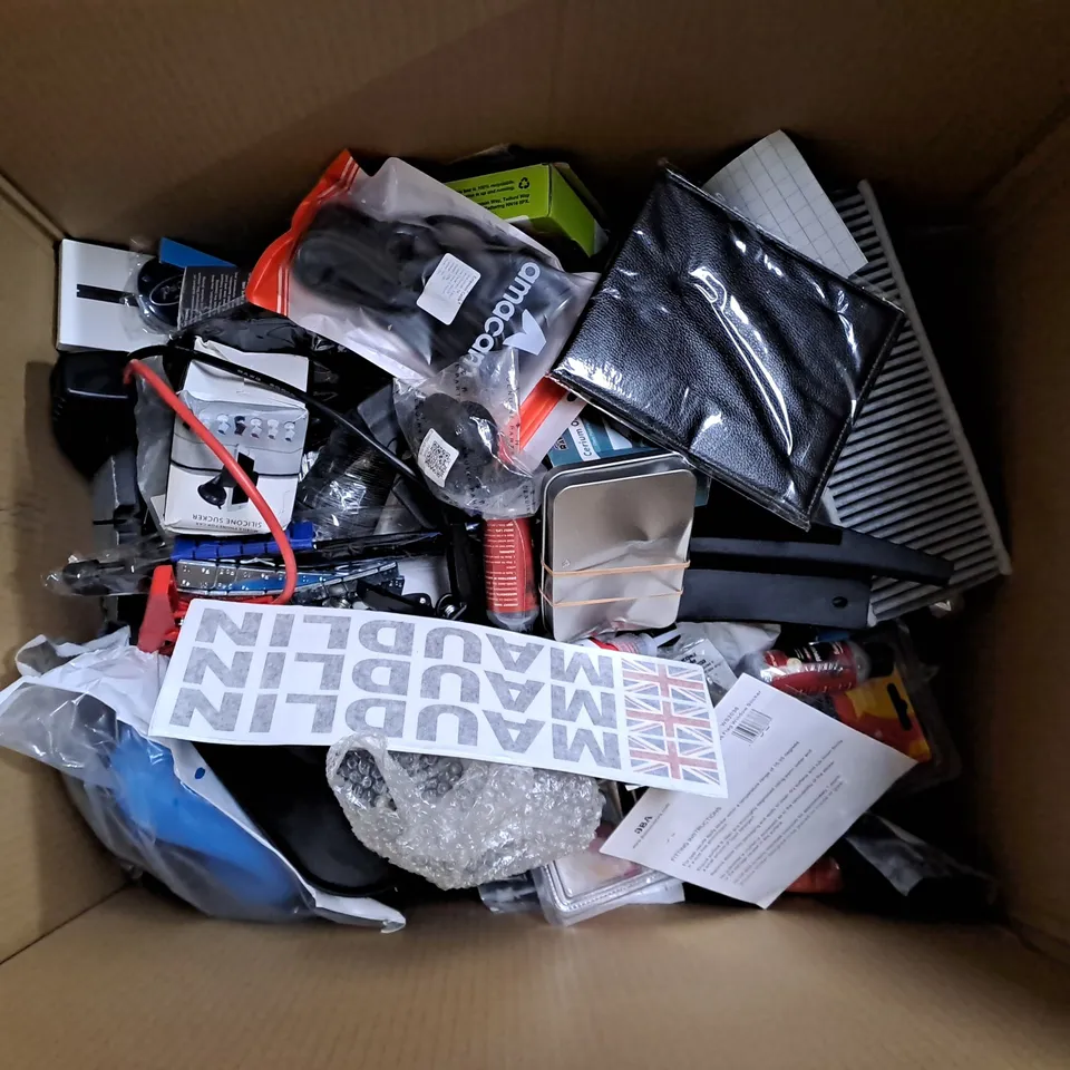 LARGE BOX OF ASSORTED CAR ITEMS TO INCLUDE TOOLS - DECALS - AIR FILTERS / COLLECTION ONLY 