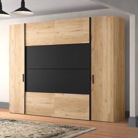 BOXED CELES 4 DOOR SLIDING WARDROBE - OAK EFFECT/BLACK (7 BOXES)