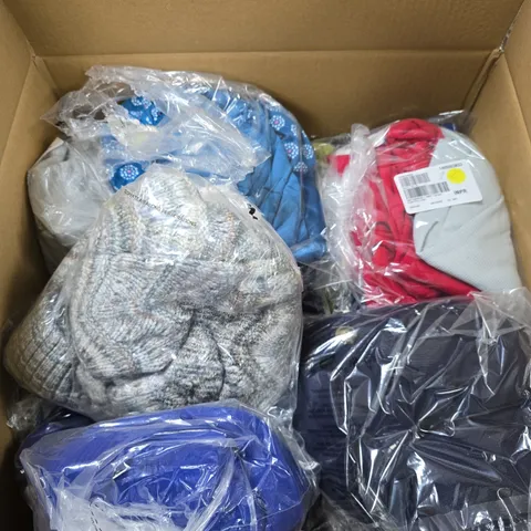 LARGE BOX OF APPROX 15 ASSORTED CLOTHING ITEMS IN VARIOUS COLORS , STYLES AND SIZES