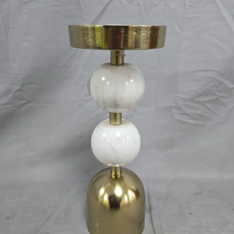 PILLAR CANDLE HOLDER WITH DOUBLE BOBBLE DETAIL - MARBLE/BRASS