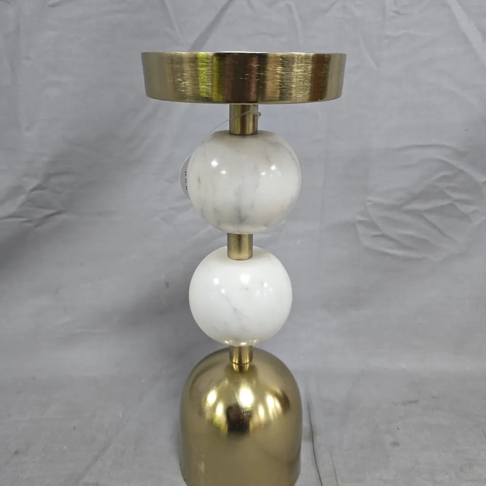 PILLAR CANDLE HOLDER WITH DOUBLE BOBBLE DETAIL - MARBLE/BRASS