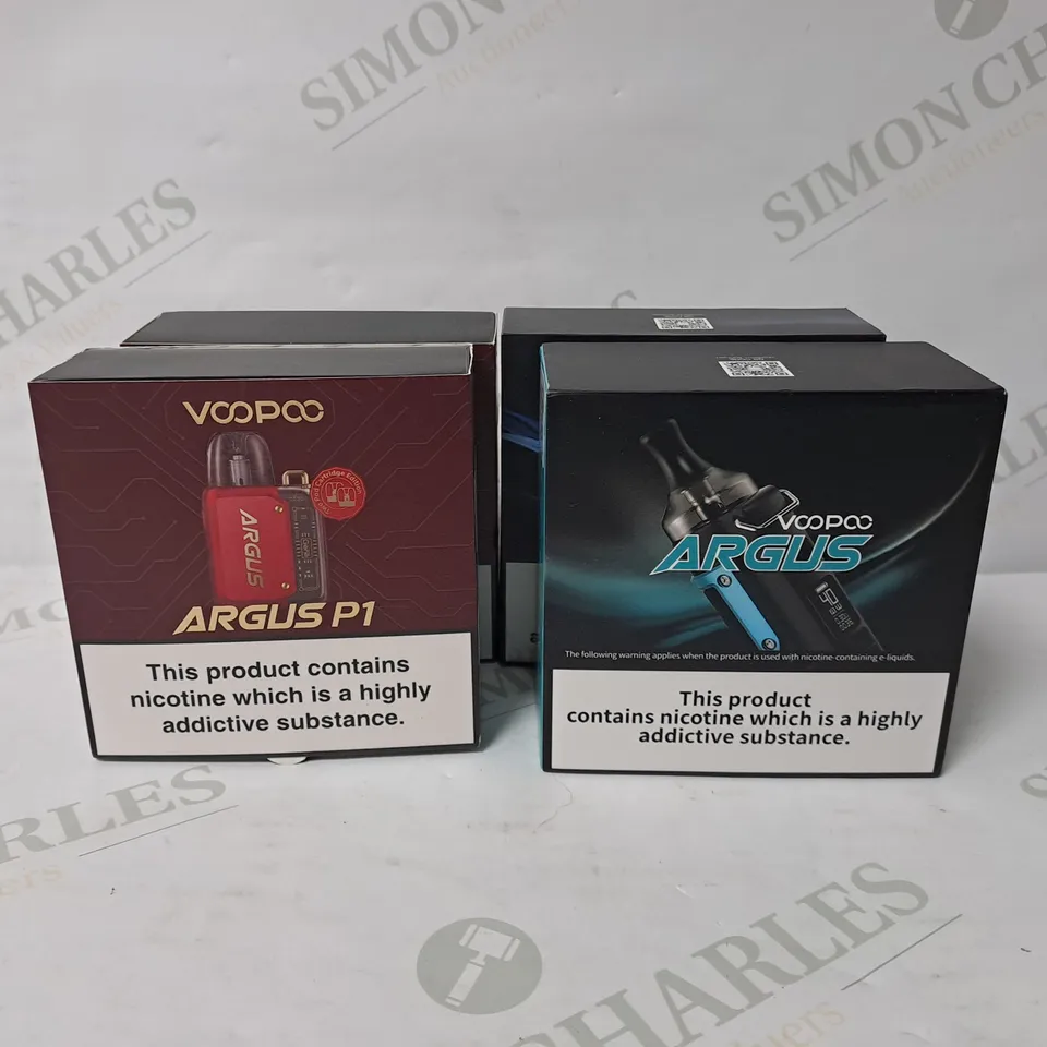 4 ASSORTED VOOPOO ARGUS E-CIGARETTE PRODUCTS TO INCLUDE ARGUS P1 POD VAPE KIT 