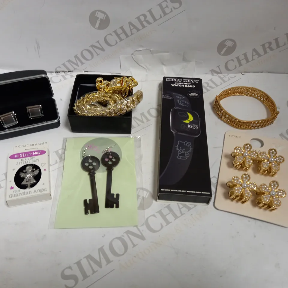 BOX OF APPROX 20 COSTUMES JEWELLERY ITEMS TO INCLUDE SILVER EFFECT CUFF LINKS, HELLO KITTY SILVER NIGHT WATCH BAND AND GOLD EFFECT EARRINGS 