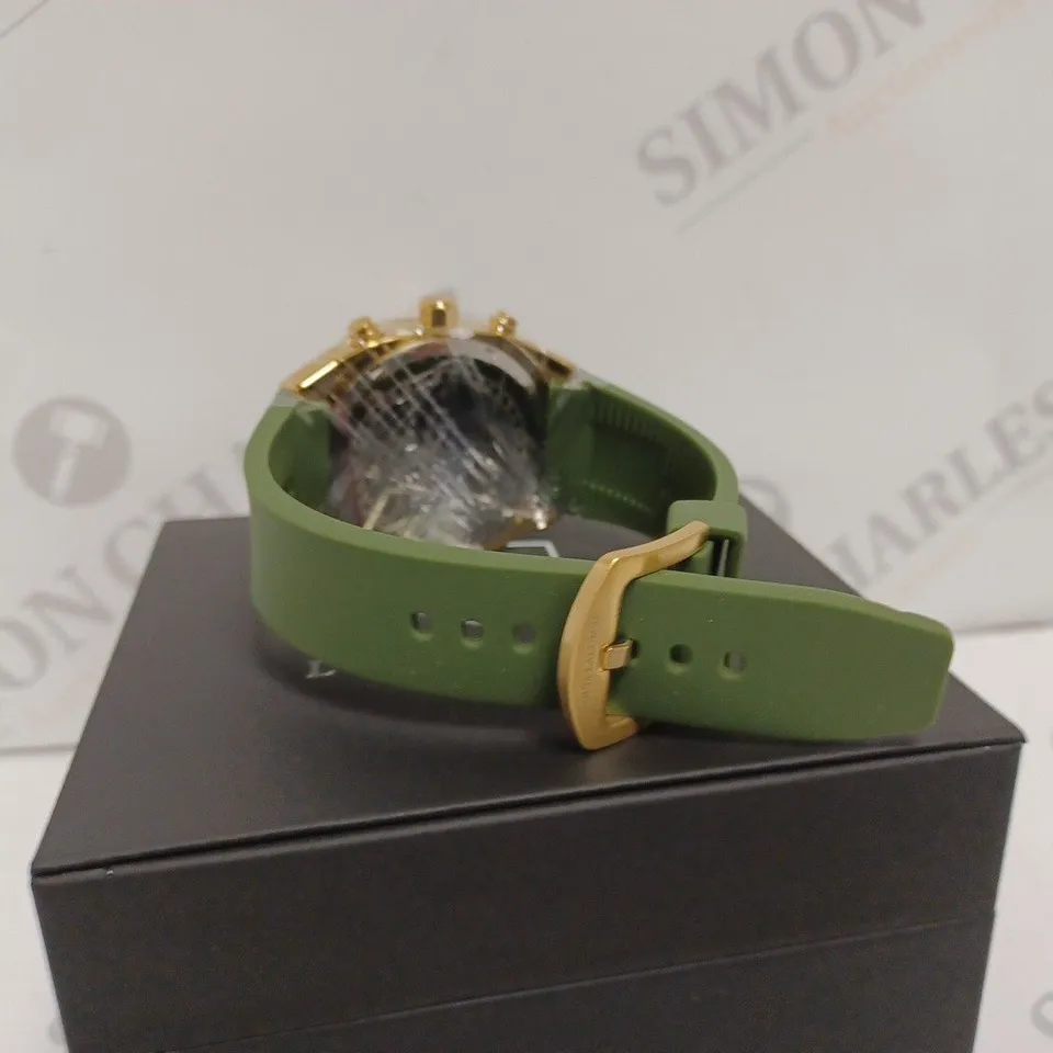 LOUIS LACOMBE MENS CHRONOGRAPH WATCH - YELLOW GOLD COLOURED BEZEL AND CASE - GREEN RUBBER STRAP - 3ATM WATER RESISTANT - DISPLAY BOX