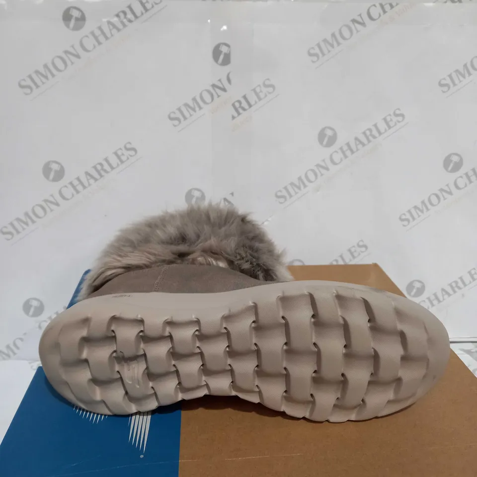 BOXED PAIR OF SKECHERS ON THE GO JOY MID SUEDE BOOTS, TAUPE - SIZE 8