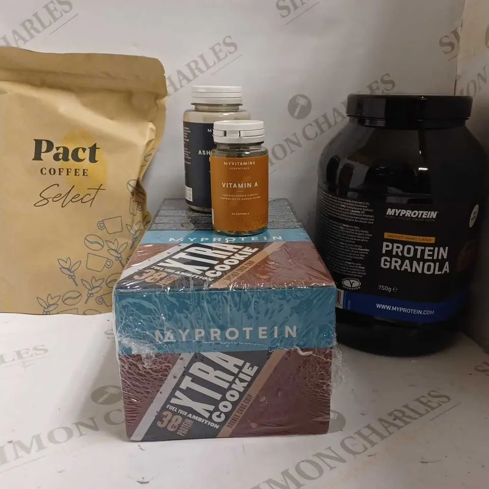 LOT OF APPROXIMATELY 5 ITEMS TO INCLUDE MYPROTEIN PROTEIN GRANOLA (CHOCOLATE CARAMEL - 750g), MYPROTEIN XTRA COOKIE PROTEIN BARS (DOUBLE CHOC CHIP - 12x75g), PACT COFFEE SAN JERONIMO LIGHT ROASTED BEA