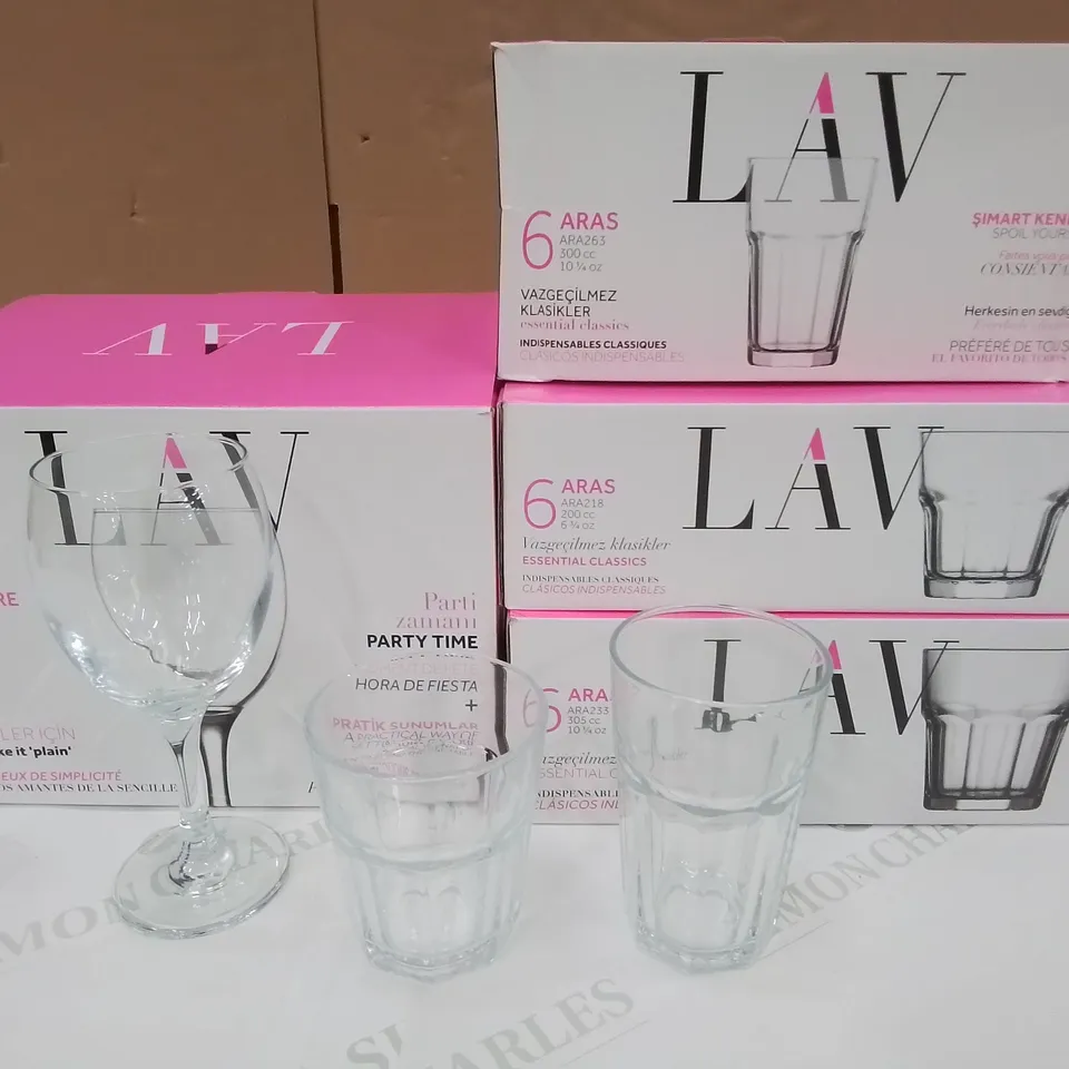 LOT OF LAV GLASSES INCLUDES WINE GLASSES AND TUMBLERS