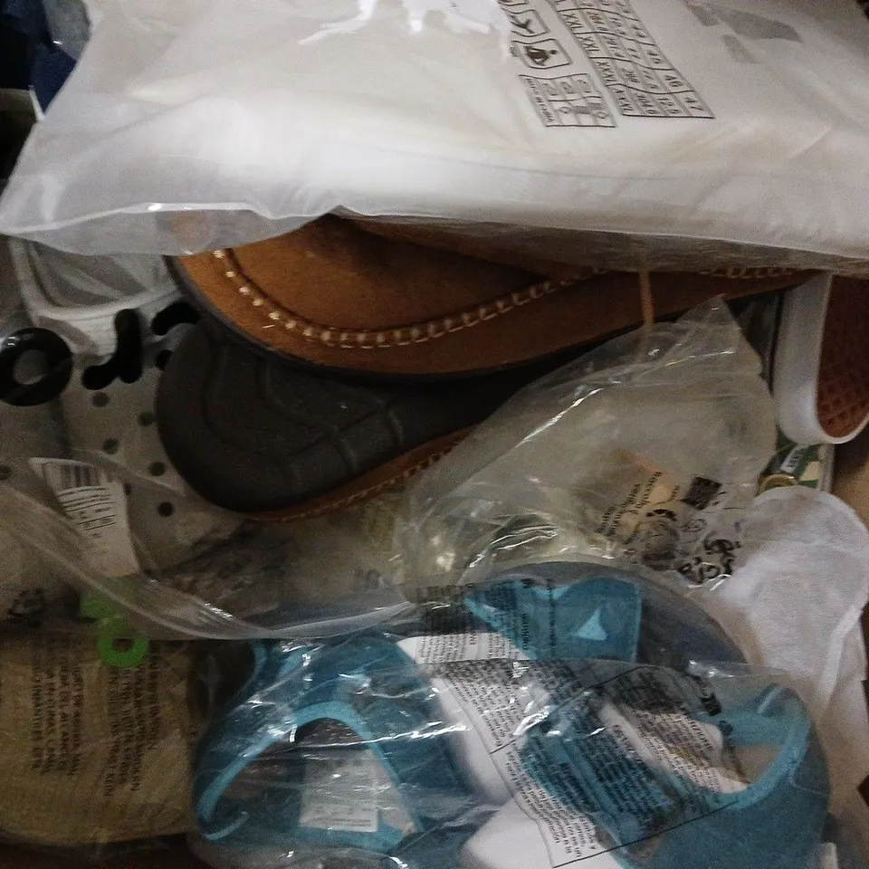 BOX OF APPROXIMATELY 15 ASSORTED PAIRS OF SHOES AND FOOTWEAR ITEMS IN VARIOUS COLOURS, STYLES, AND SIZES - COLLECTION ONLY