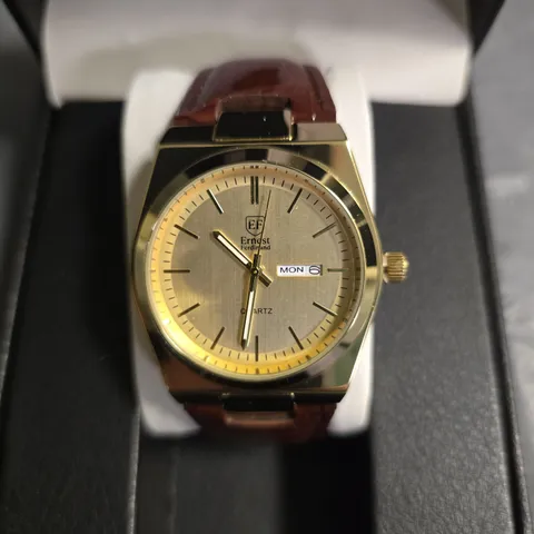 ERNEST FERDINAND GOLD DIAL WATCH WITH BROWN LEATHER STRAP