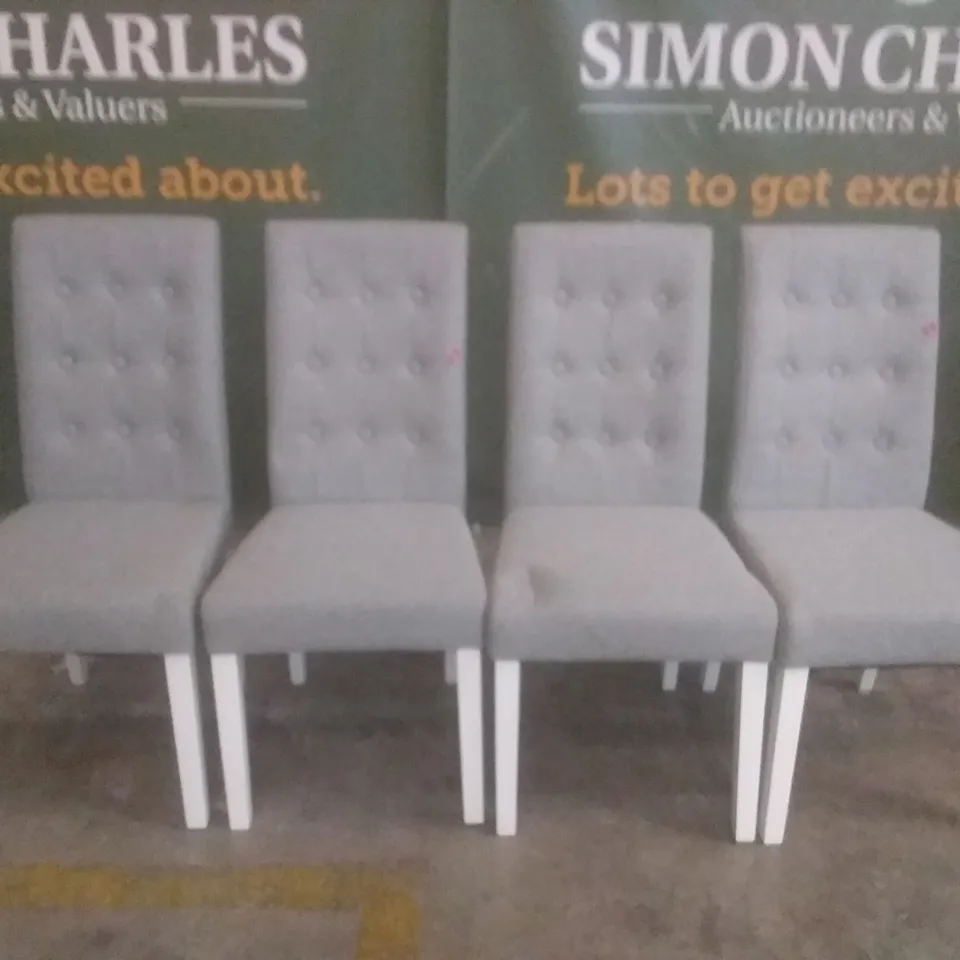 SET OF 4 REGENT LIGHT GREY FABRIC BUTTON BACK DINING CHAIRS (WHITE LEG)