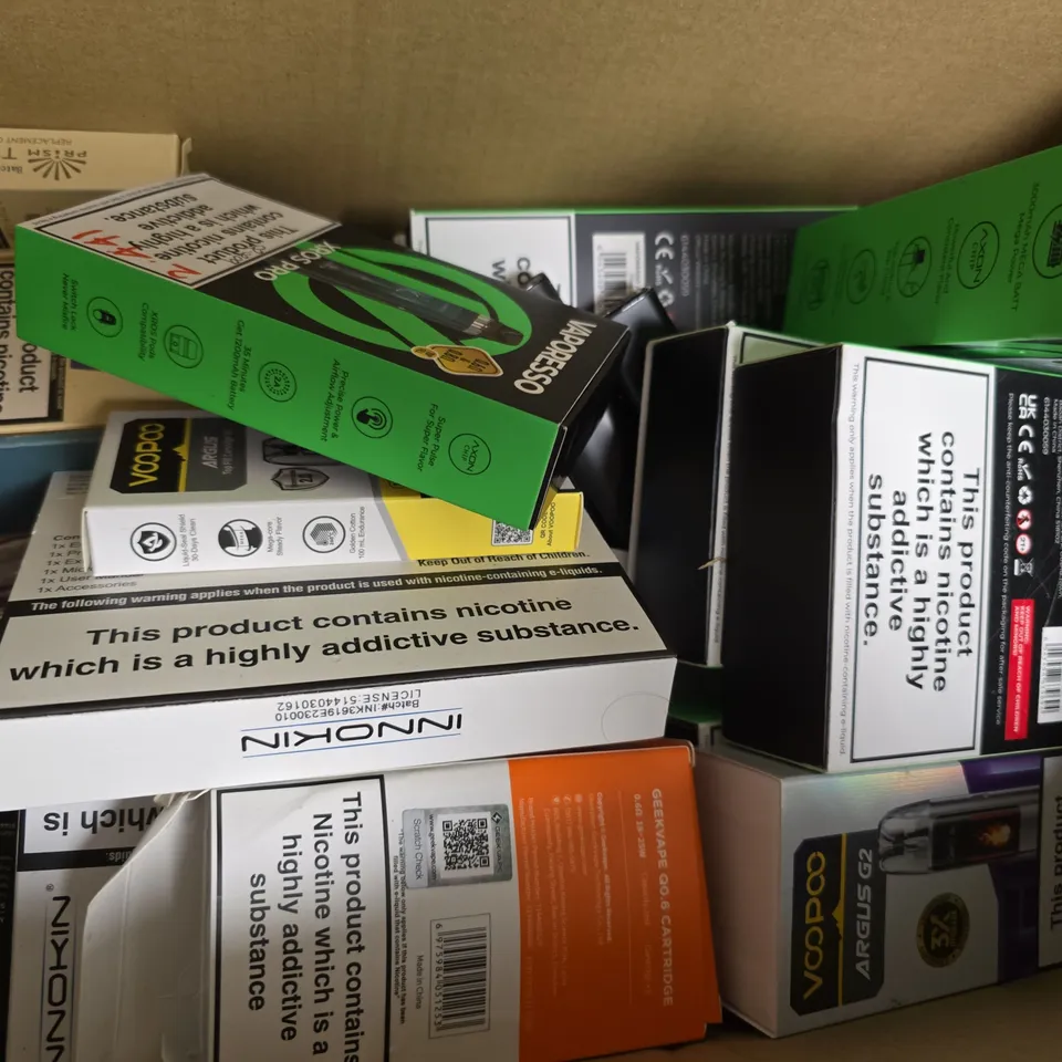 BOX OF APPROXIMATELY 20 ASSORTED E-CIGARETTE AND VAPING PRODUCTS TO INCLUDE VOOPOO, VAPORESSO, INNOKIN, ETC - COLLECTION ONLY