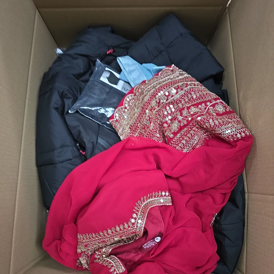 LARGE BOX OF APPROXIMATELY 25 ASSORTED CLOTHING ITEMS IN VARIOUS COLOURS, STYLES AND SIZES - COLLECTION ONLY
