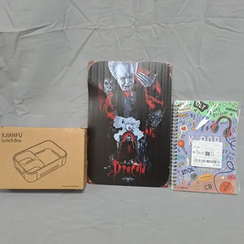 BOX OF APPROXIMATELY 10 ASSORTED HOUSEHOLD ITEMS TO INCLUDE LUNCH BOX, DRACULA METAL POSTER, ETC - COLLECTION ONLY