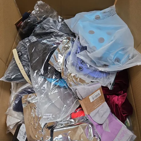 LARGE BOX OF ASSORTED CLOTHING ITEMS IN VARIOUS STYLES, SIZES AND COLOURS