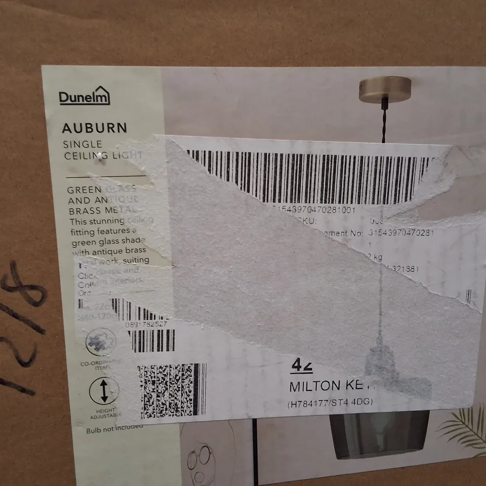 BOXED DUNELM AUBURN SINGLE CEILING LIGHT WITH GREEN GLASS SHADE – ANTIQUE BRASS FITTING