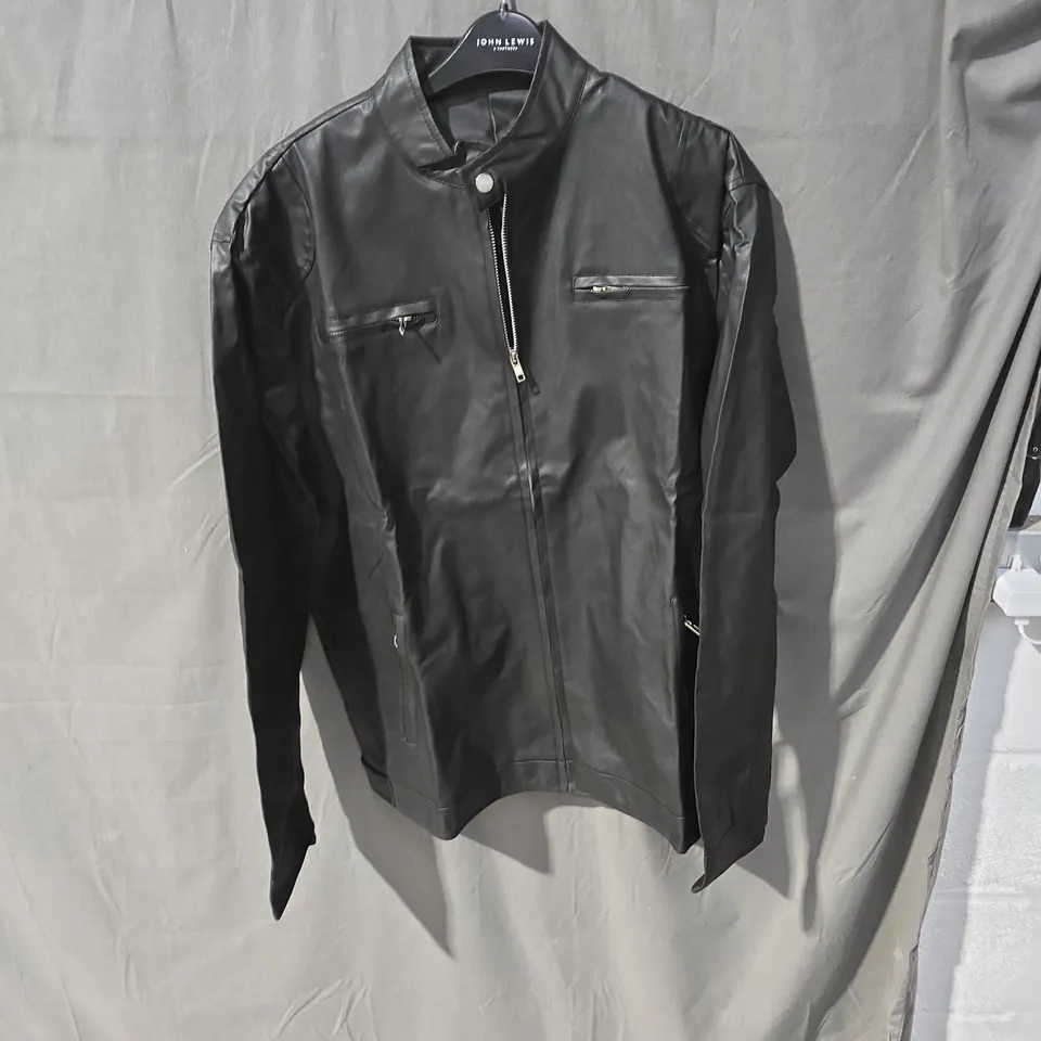 BOX OF APPROXIMATELY 25 CLOTHING ITEMS INCLUDING: GREEN BOMBER STYLE JACKET, GREY JEAN JACKET AND BLACK LEATHER JACKET