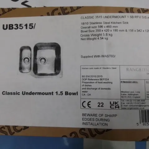 BOXED RANGE MASTER CLASSIC UNDERMOUNT 1.5 BOWL STAINLESS STEEL KITCHEN SINK 