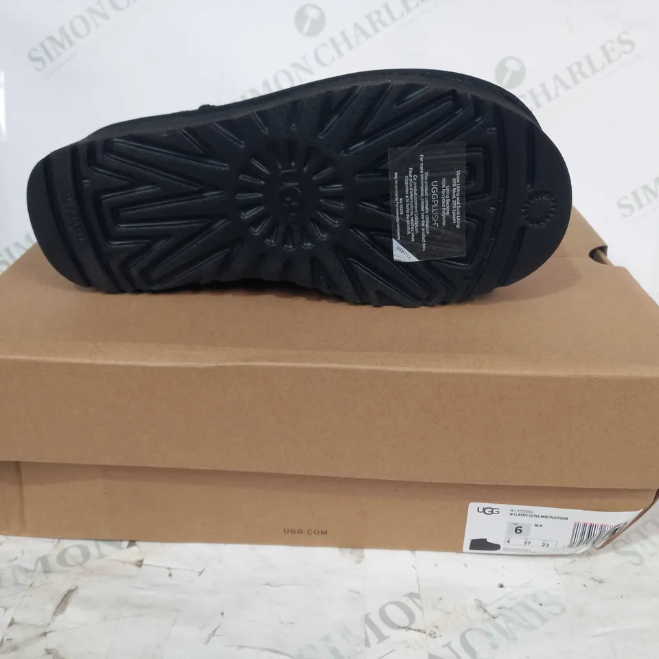 BOXED PAIR OF UGG CLASSIC MINI PLATFORM SHOES IN BLACK UK SIZE 4