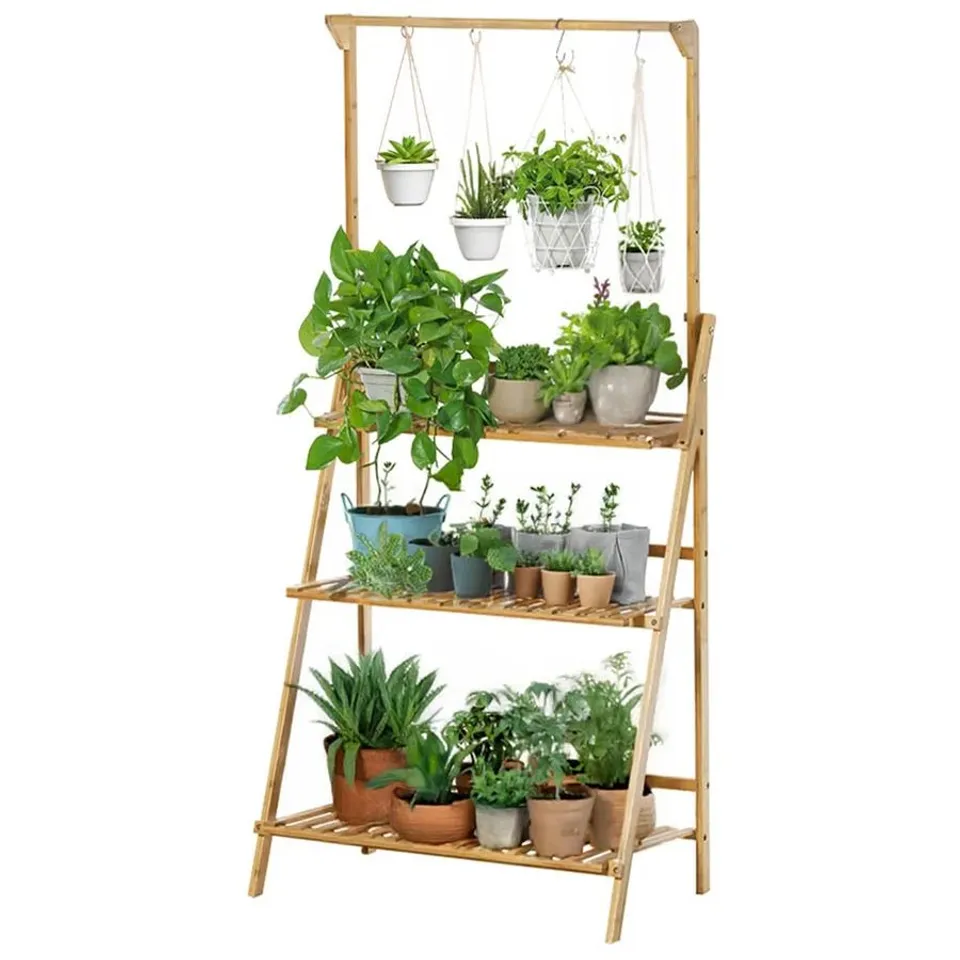 BOXED NEO 3 TIER FOLDABLE BAMBOO PLANT STAND WITH HANGING HOOK