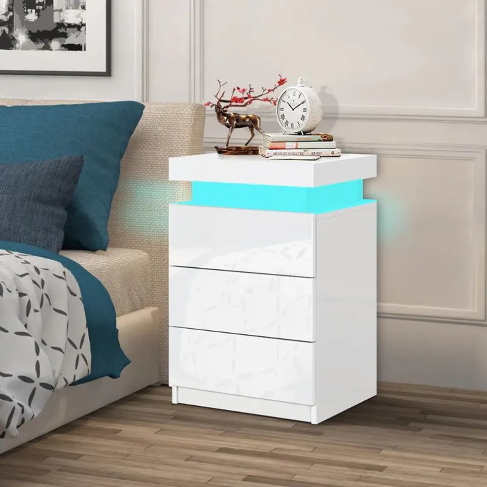 Boxed Bedside Table RGB LED Nightstand 3 Drawers 4 Side High Gloss White