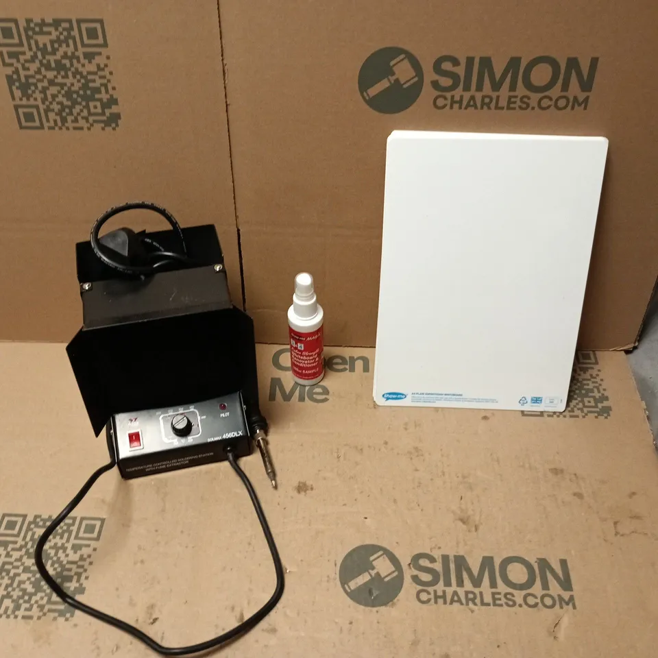 LARGE QUANTITY OF ASSORTED HOUSEHOLD ITEMS TO INCLUDE SOLDER IRON STATION, A4 WHITEBOARDS, WHITEBOARD RENOVATOR ETC - COLLECTION ONLY 