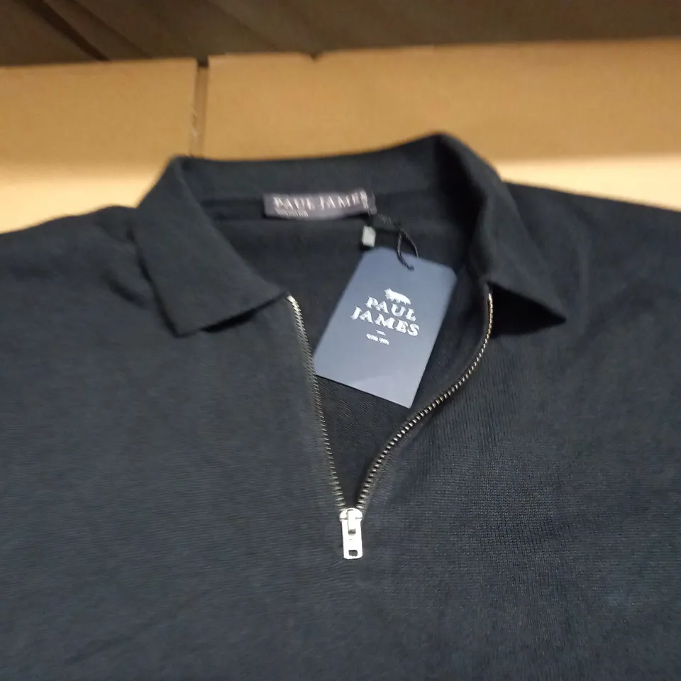 PAUL JAMES ZIP COLLAR POLO SHIRT IN BLACK - XL