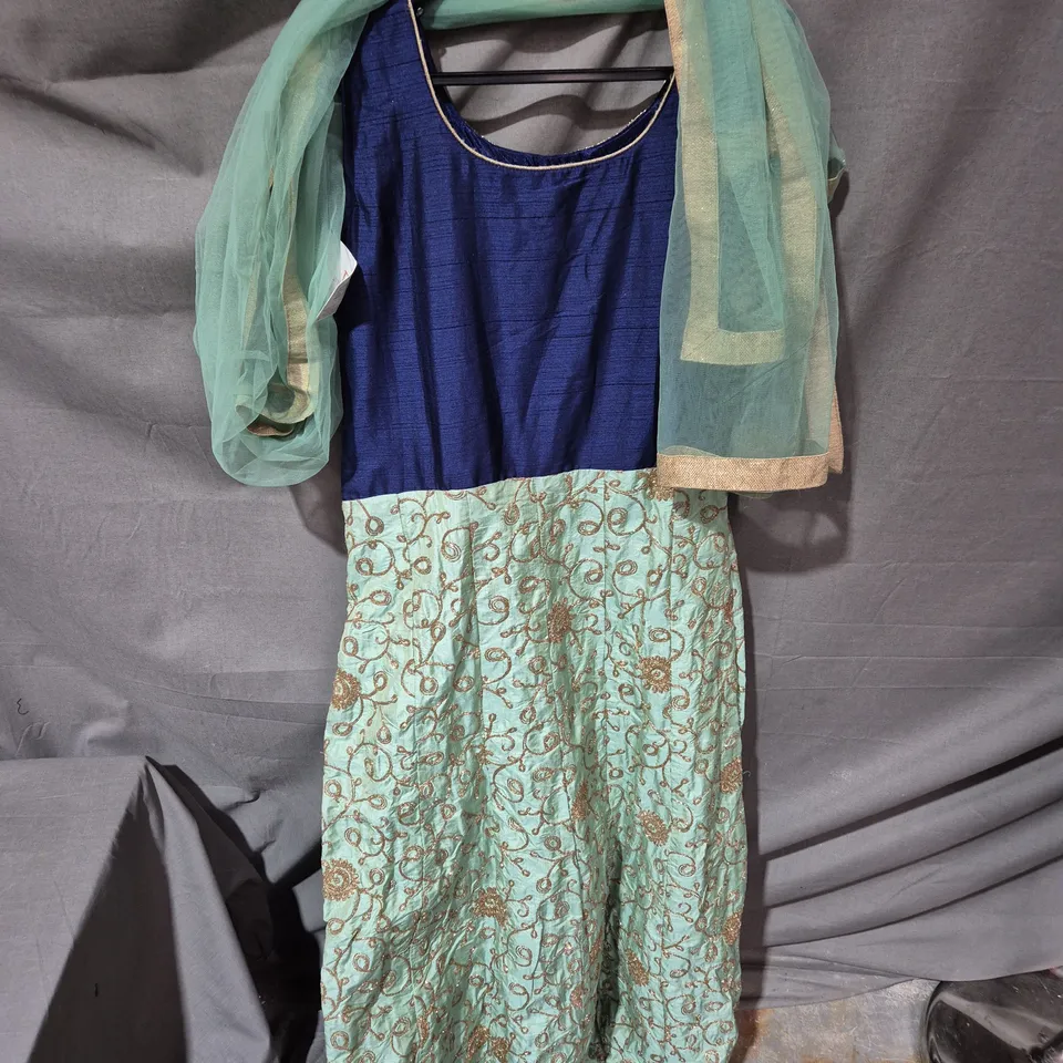 DIYA SUITS AND SARIS LEHENGA CHOLI – RAJWADA VIVAH COLLECTION (BLUE VELVET BODICE, TEAL SKIRT, MINT DUPATTA) SIZE 12- 14.