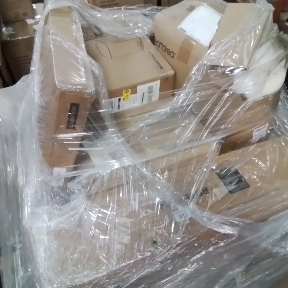 PALLET CONTAINING VARIOUS ASSORTED BOXED ITEMS TO INCLUDE: BATHTUB TRAY, PEDAL BIN, CORNER SHELVING, BOXED FURNITURE ETC.