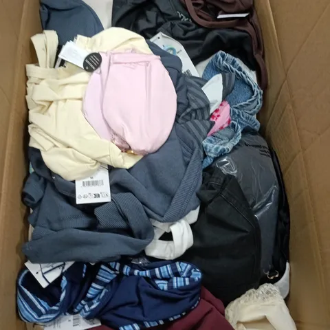 BOX OF APPROXIMATELY 30 ASSORTED CLOTHING ITEMS IN VARIOUS STYLES , COLOURS AND SIZES