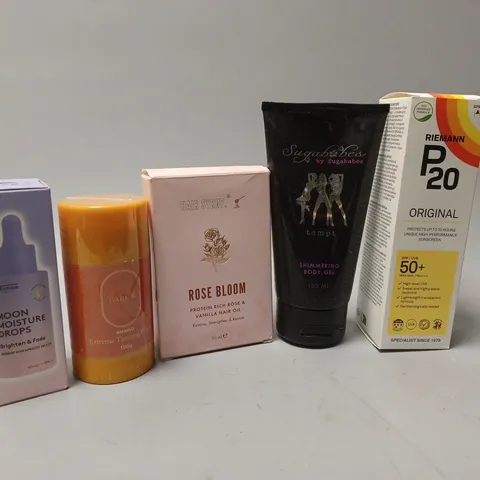BOX OF APPROX 15 ASSORTED HEALTH AND BEAUTY ITEMS TO INCLUDE - MOON MOISTURE DROPS - RIEMANN P20 ORIGINAL - HAIR SYRUP ROSE BLOOM ETC