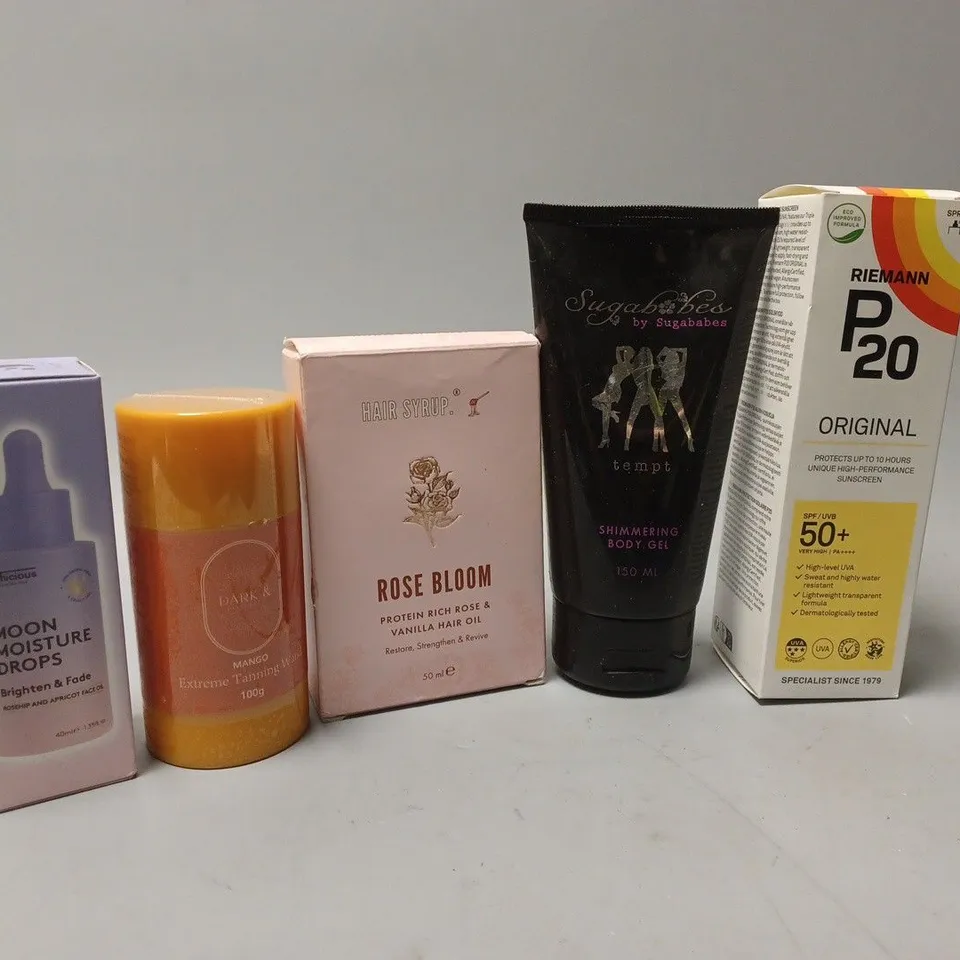 BOX OF APPROX 15 ASSORTED HEALTH AND BEAUTY ITEMS TO INCLUDE - MOON MOISTURE DROPS - RIEMANN P20 ORIGINAL - HAIR SYRUP ROSE BLOOM ETC