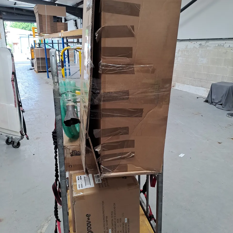 CAGE OF APPROX 5 ASSORTED FIT QUESTS , SCREEN PROTECTORS , PAIR OF SOFIA SHOES , ETC  