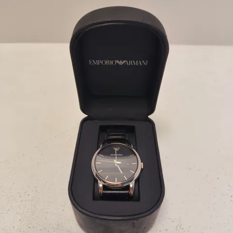EMPORIO ARMANI WRISTWATCH – BLACK DIAL, LEATHER STRAP, BOXED