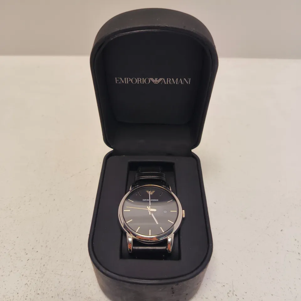 EMPORIO ARMANI WRISTWATCH – BLACK DIAL, LEATHER STRAP, BOXED