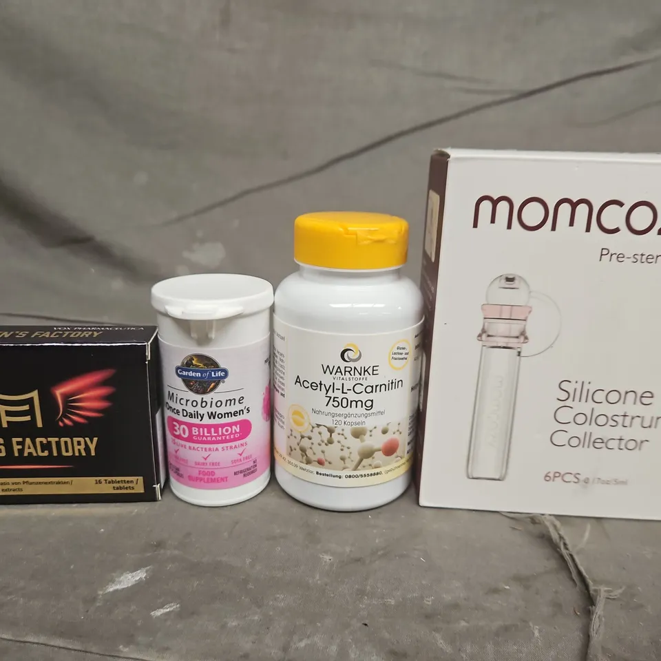 APPROX 10 ASSORTED ITEMS TO INCLUDE -  GARDEN OF LIFE MICROBIOME PROBIOTIC, WARNKE ACETYL-L-CARNITINE 750MG, AND MOMCOZY SILICONE COLOSTRUM COLLECTOR