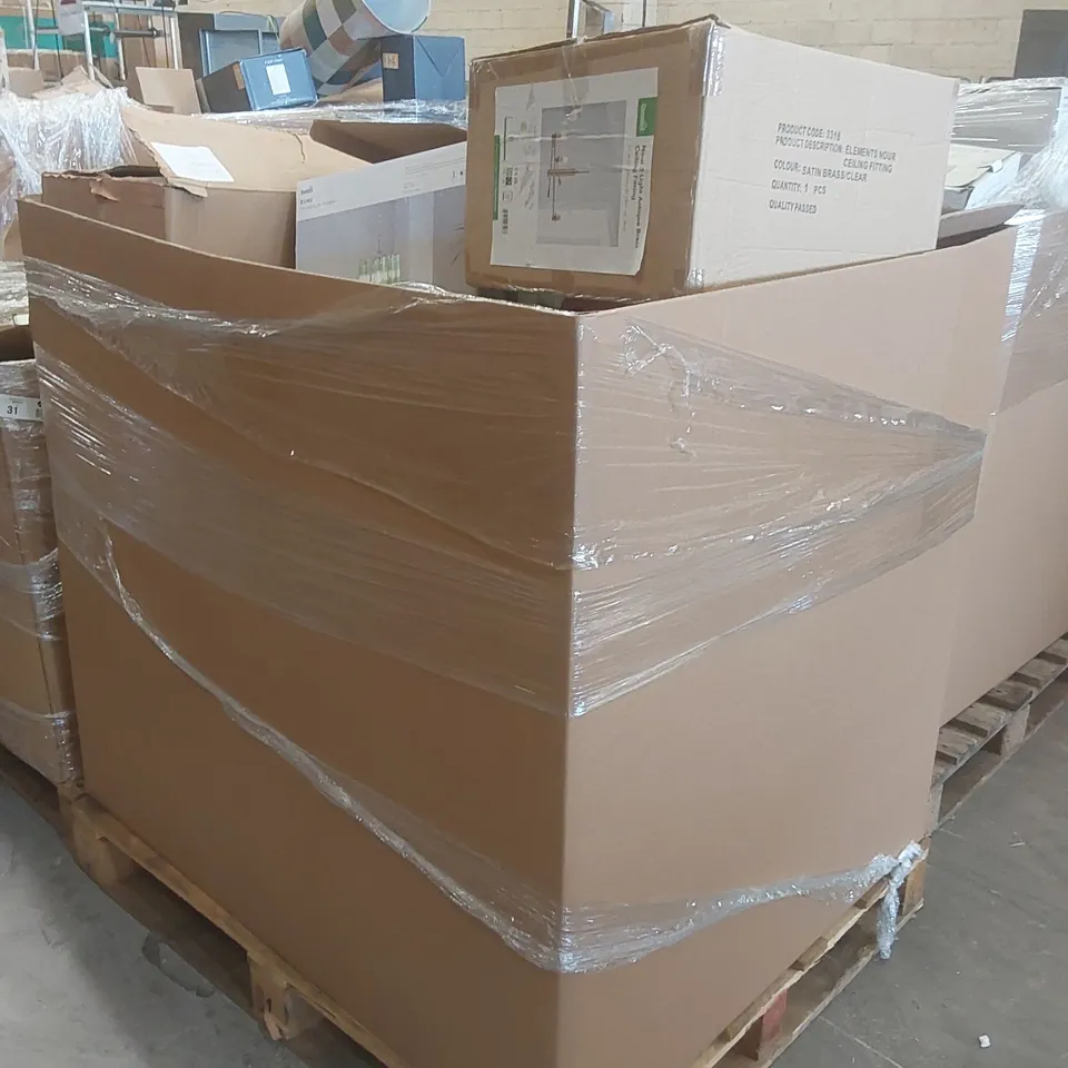 PALLET CONTAINING A VERY LARGE QUANTITY OF ASSORTED DESIGNER LIGHTING PRODUCTS INCLUDING: BELDI TABLE LAMP, CHARLESTON CEILING LIGHT, ESME CHANDELIER ECT